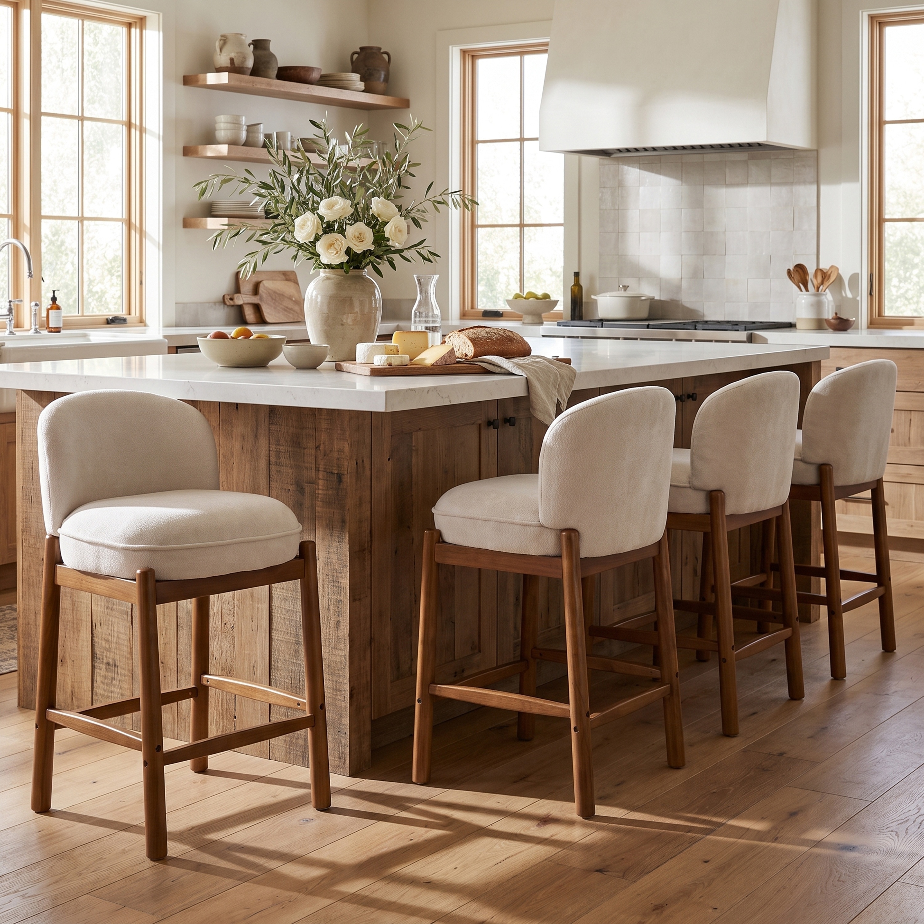 Christopher Knight Home - Leyla Luxe Set of 4 Counter Stools with Curved Back, Upholstered Seat & Wooden Frame
