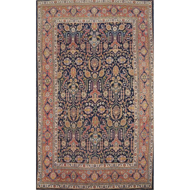 Hand Knotted Oriental 100% Wool Carpet Traditional Floral Navy Blue & Blues Tabriz Area Rug - 10' 6'' X 7' 2''