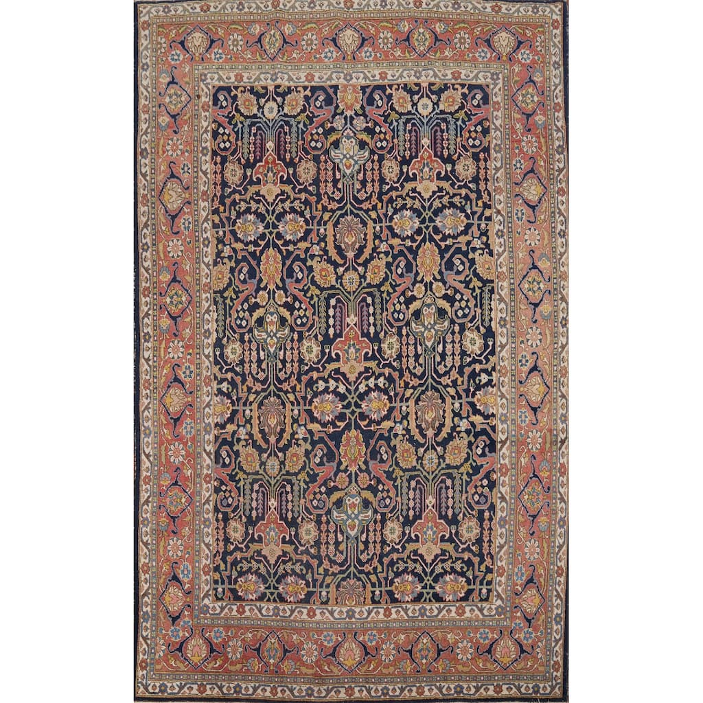Hand Knotted Oriental 100% Wool Carpet Traditional Floral Navy Blue & Blues Tabriz Area Rug - 10' 6'' X 7' 2''