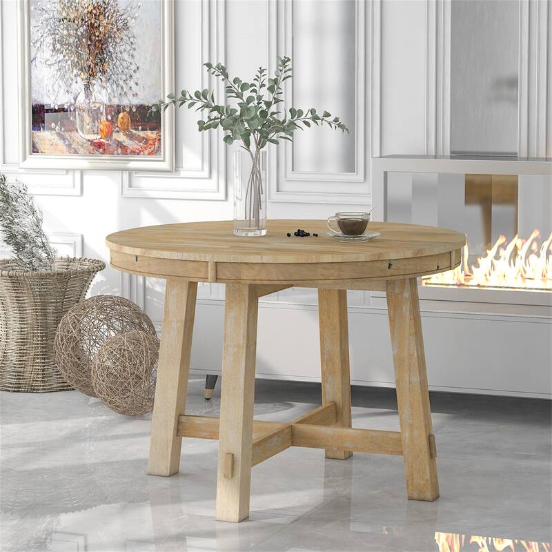 Farmhouse Solid Wood Round Extendable Dining Table with 16" Leaf