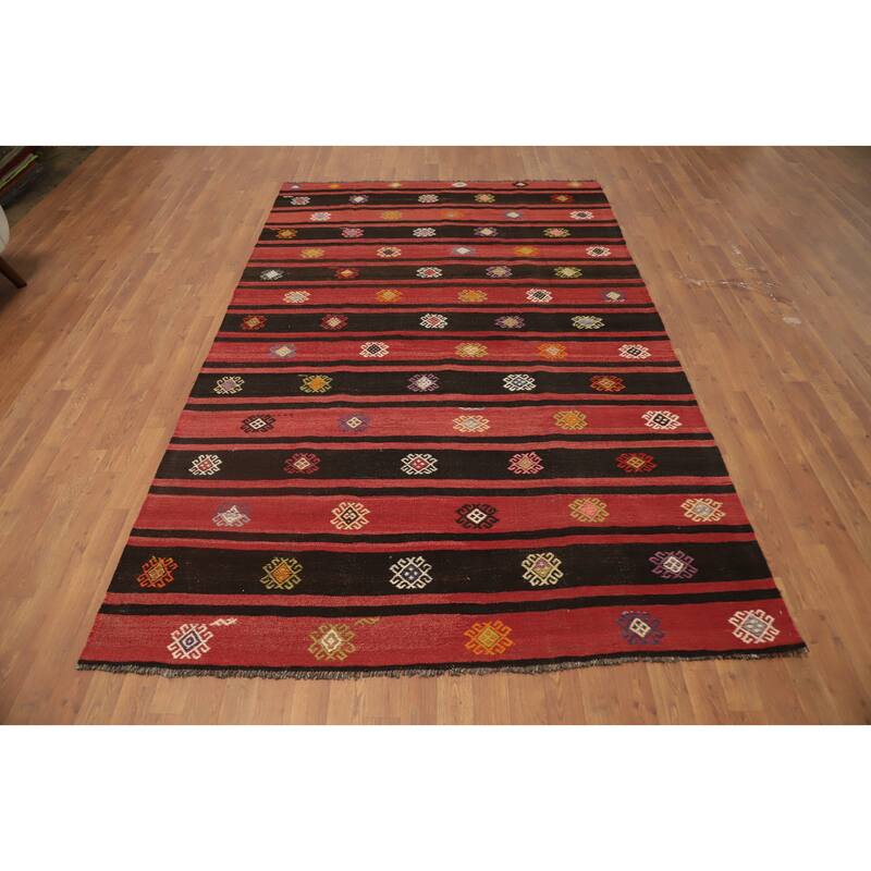 Hand Woven Oriental 100% Wool Carpet Southwestern Tribal Red Kilim Area Rug - 9' 1'' X 5' 10''