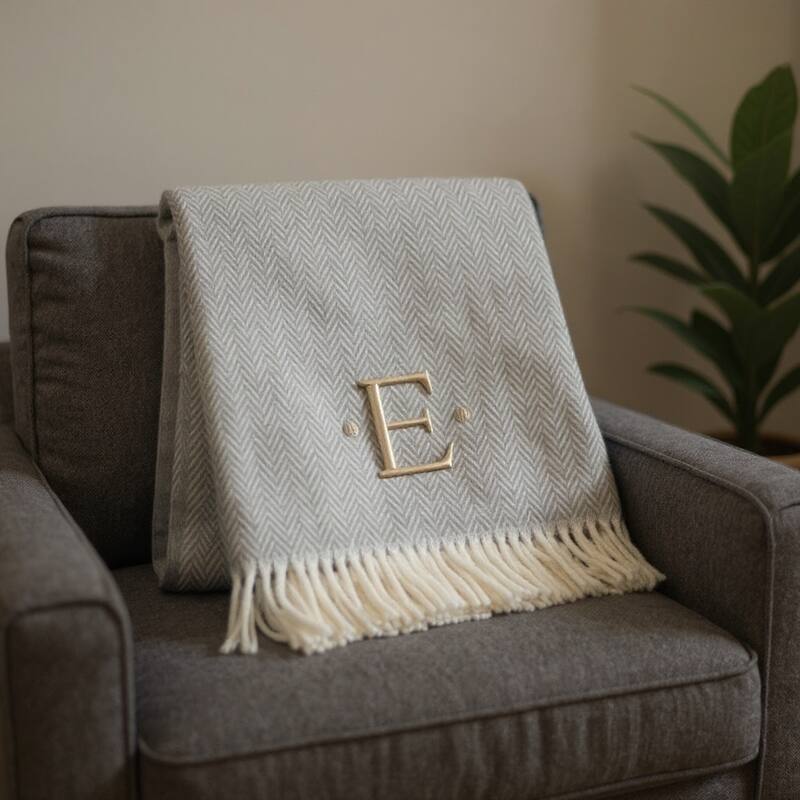 55" X 70" Gray And White Herringbone Cotton Blend A Initial Throw Blanket with Tassels And Embroidery