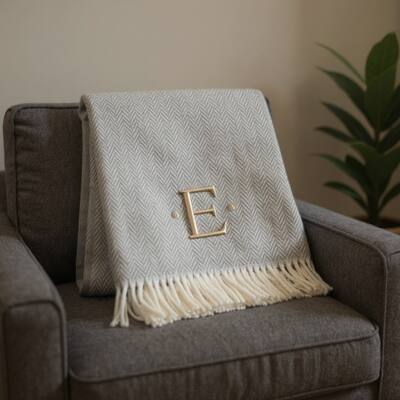 HomeRoots 55" X 70" Gray And White Herringbone Cotton Blend E Initial Throw Blanket with Tassels And Embroidery