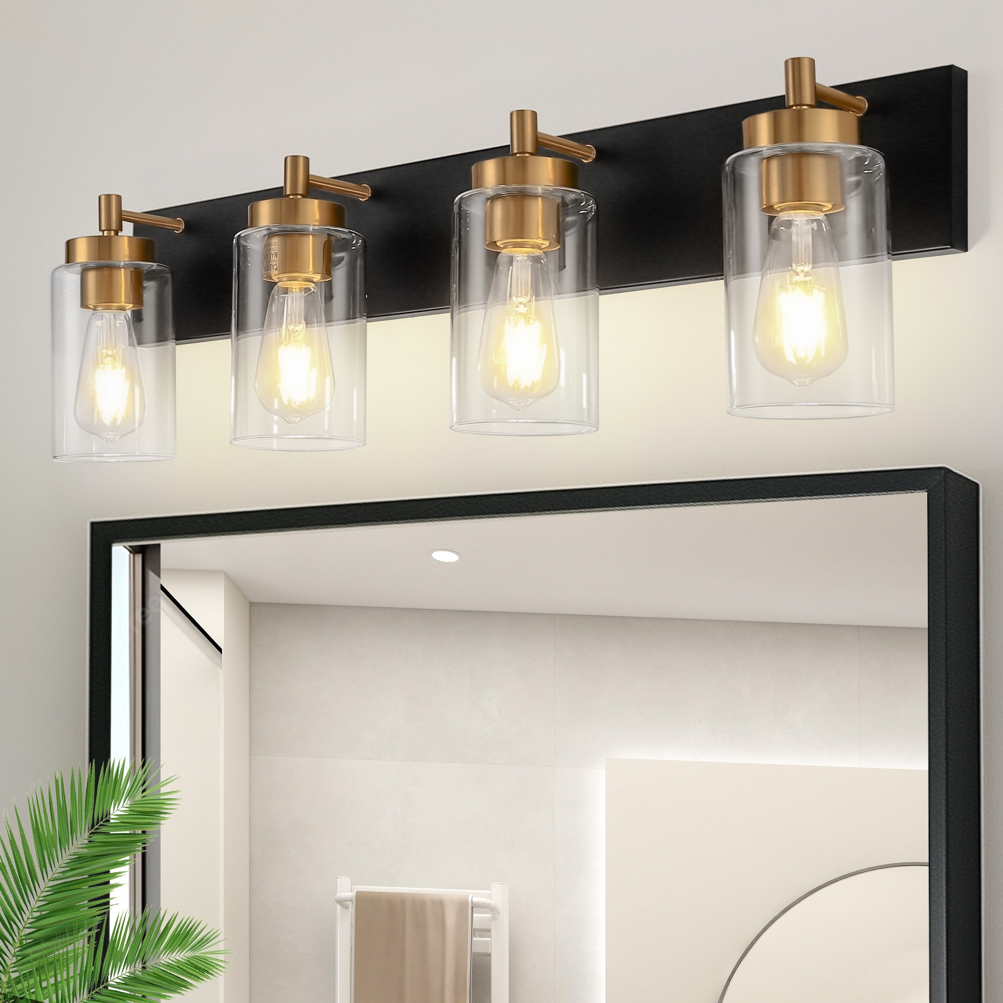 YANSUN 29.53 in. 4 Light Matte Black Industrial Vintage Vanity Light Fixtures for Bathroom with Glass Shades 29.53 9.06 5.71 On Sale Bed Bath Beyond 41432508