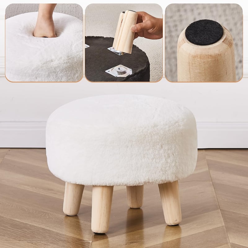 Plush Faux Fleece Round Ottoman Footstool with Wooden Legs and Cozy Seat for Living Room