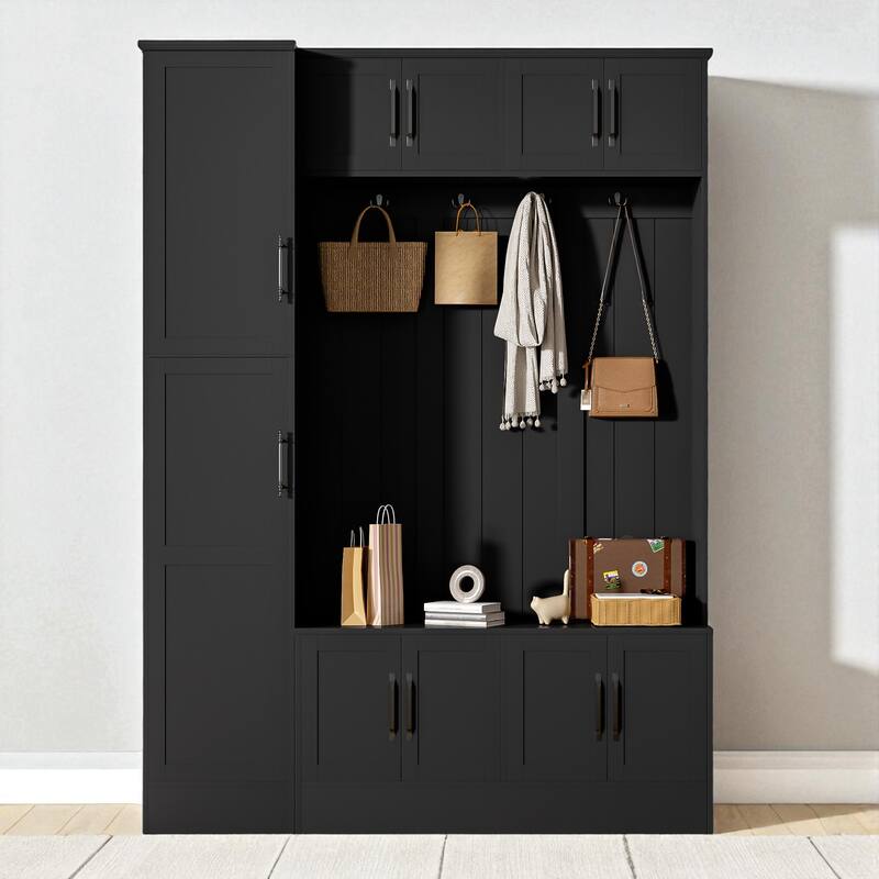 79" Modern Hall Tree with Bench, 6 Cabinets, Adjustable Shelf & 4 Hooks, Entryway Storage Organizer for Shoes and Coats - Black