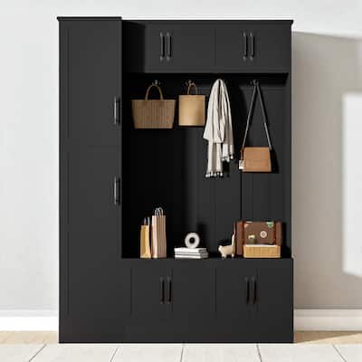 79" Modern Hall Tree with Bench, 6 Cabinets, Adjustable Shelf & 4 Hooks, Entryway Storage Organizer for Shoes and Coats