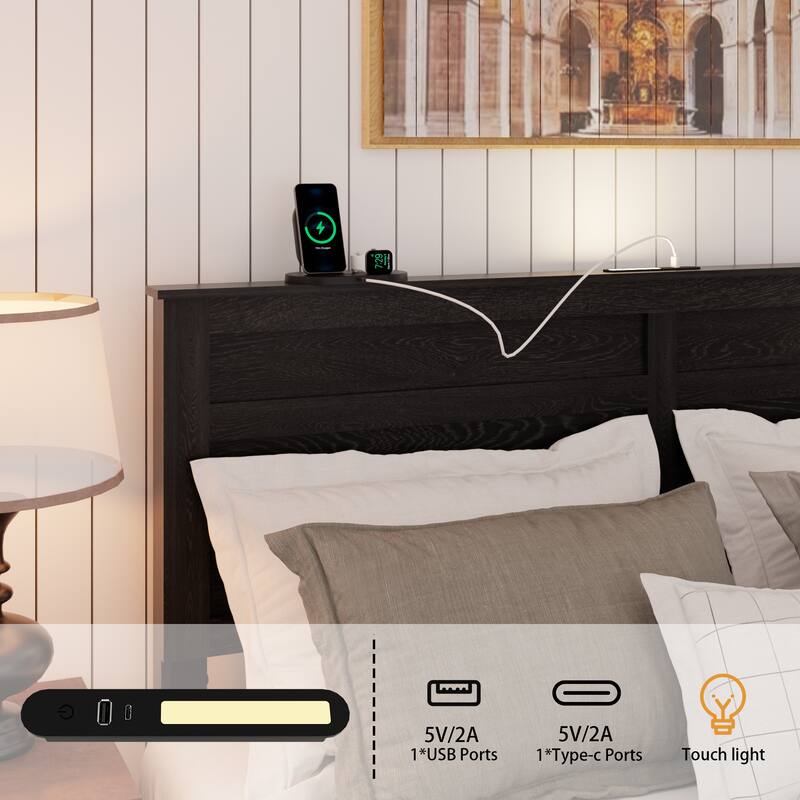 Roomfitters Bed Frame with Upholstered Headboard, Storage Headboard, Charging Station, Wood Platform
