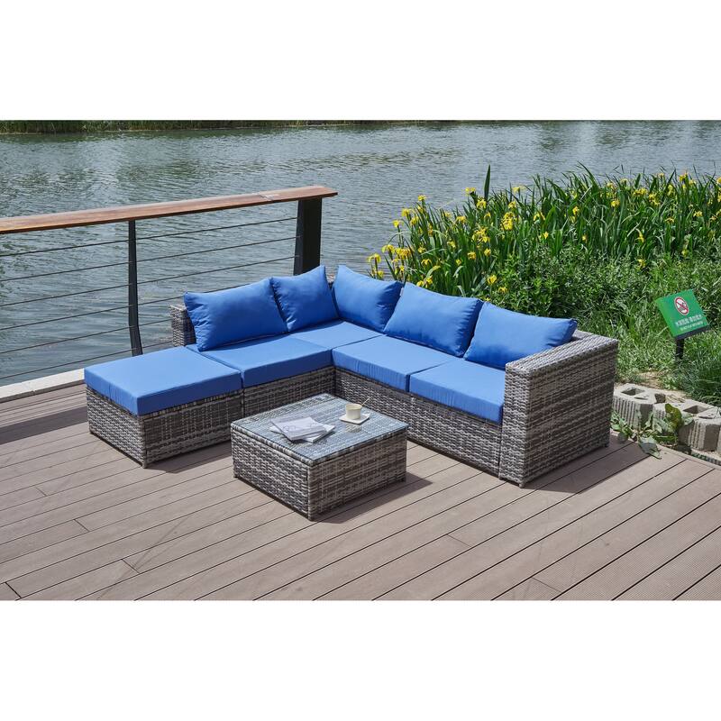 6 Piece Outdoor Sectional L- Shaped Sofa Set, All-Weather PE Wicker Rattan Conversation Furniture Set with Coffee Table