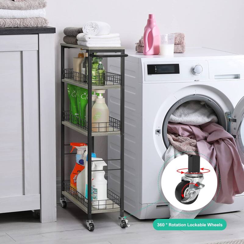 Slim Storage Cart 4 Tier Slim Rolling Cart on Wheels Mobile Narrow Kitchen Cart with Wooden Tabletop