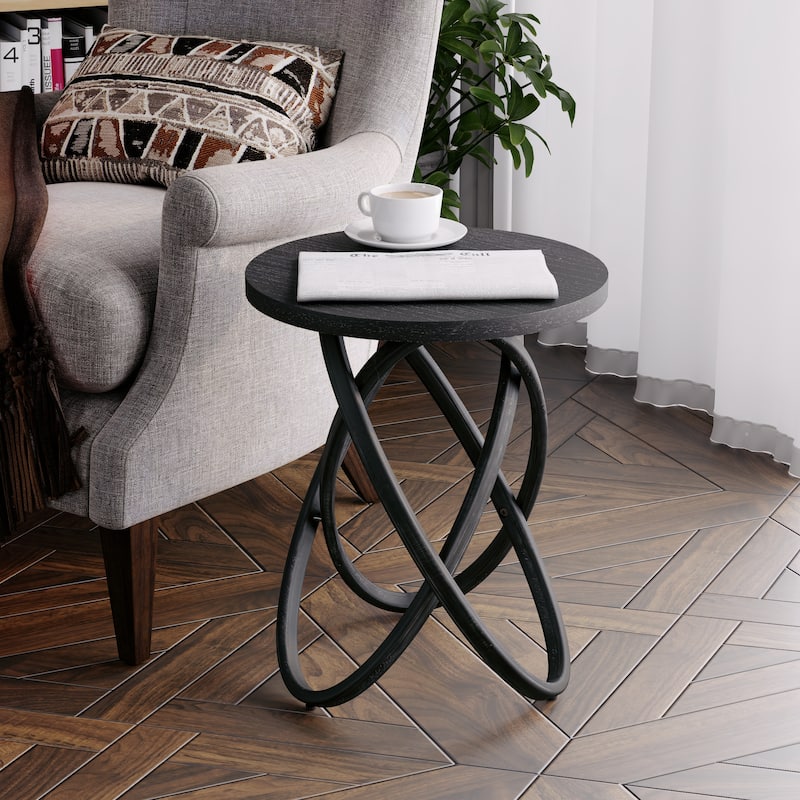 COZAYH Farmhouse End Table Round Wood Side Table Rustic Plant Stand With Intertwined Line Design - Black