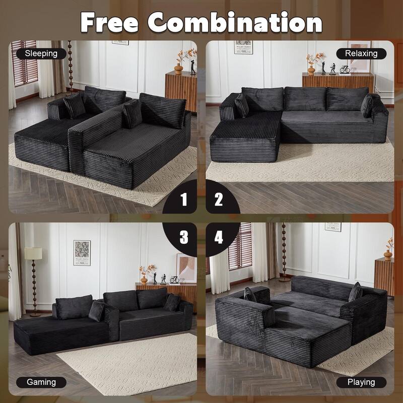 Boneless L-shaped Sectional Sofa with Chaise, Modular Sleeper Sofa Bed Corduroy Compression Deep Seat Sectional Couch