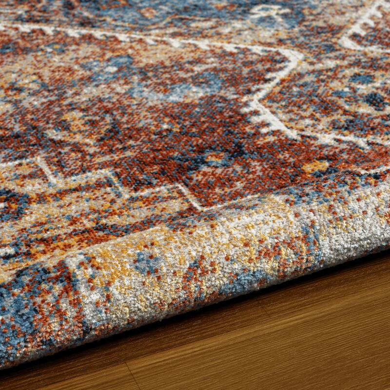 Sevita Distressed Bordered Blue Orange Medallion Machine-Washable Rug