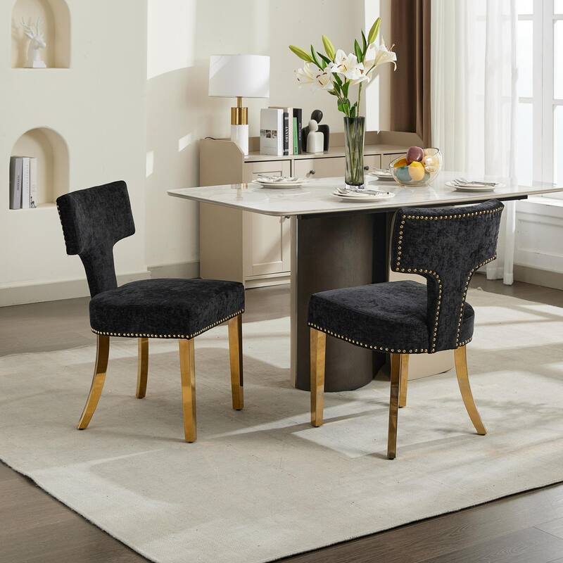 GDF Studio - Mid-Century Chenille Upholstered Dining Chairs with Curved Back & Golden Stainless Steel Legs, Set of 2
