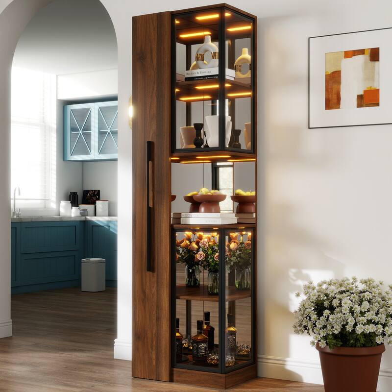70" Display Cabinet with Glass Doors and Lights, with multi-functional pull-out multi-tier storage shelf - Walnut