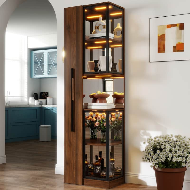 70" Wooden Display Cabinet with Glass Doors, Lights, & Multi-Functional Pull-Out Multi-Tier Storage Shelf - Walnut