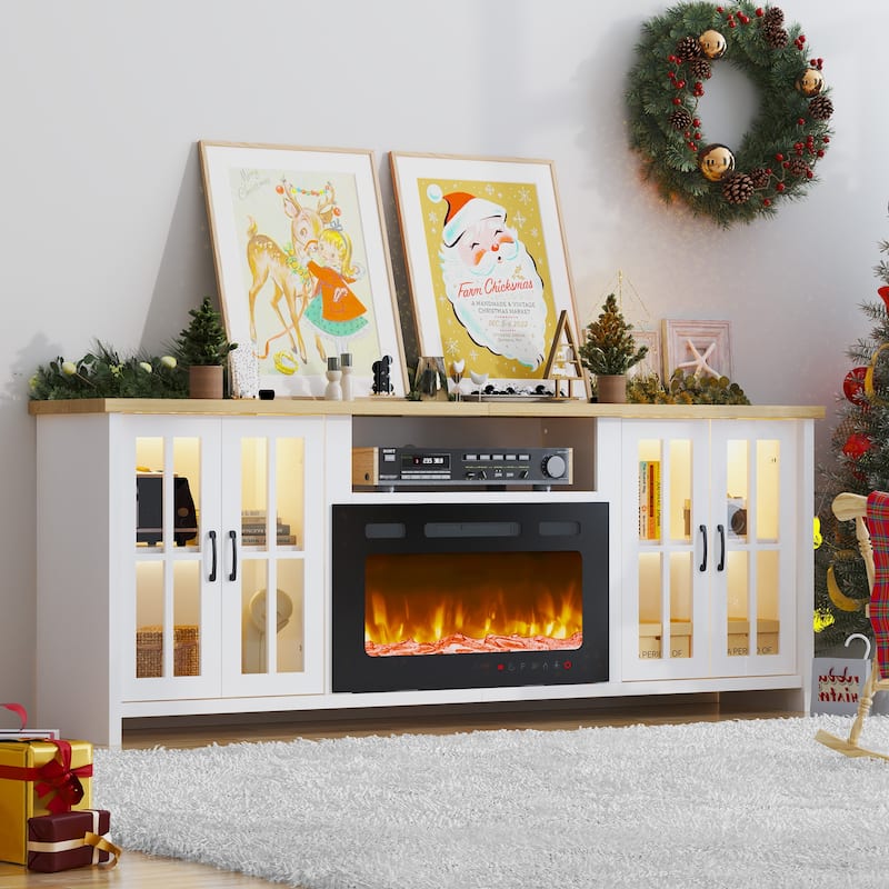 EROMMY 78"/ 97" Fireplace TV Stand with Electric Fireplace, Farmhouse Media Console with LED Lights, Glass Doors