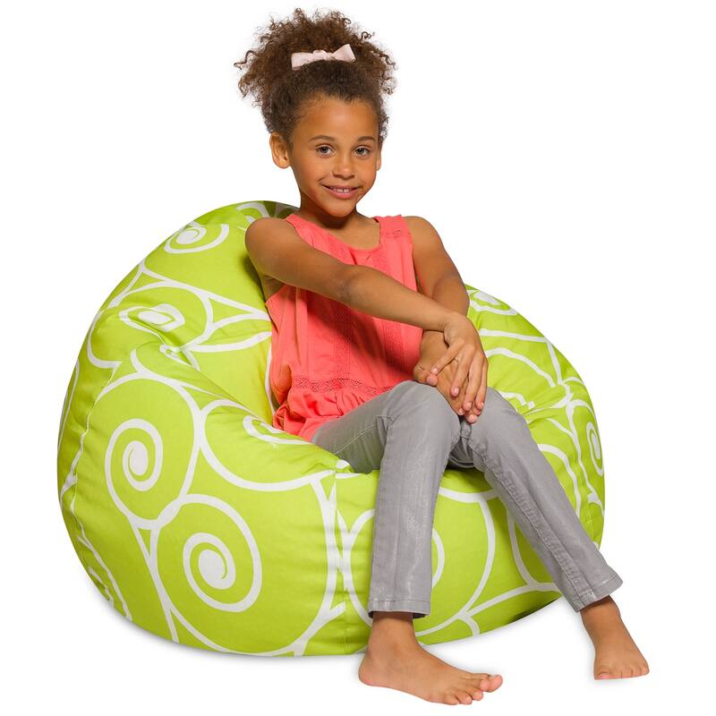 Kids Bean Bag Chair, Big Comfy Chair - Machine Washable Cover - 38 Inch Large - Pattern Swirls Lime and White