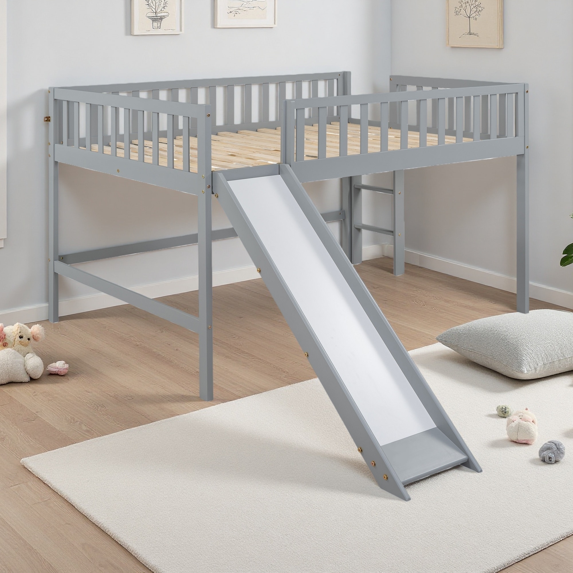 Full Size Pine Low Loft Bed with Ladder and Slide