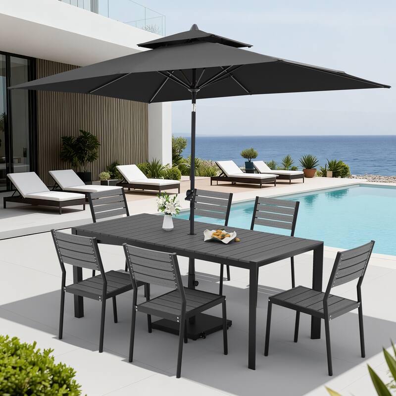 Set of 9 Outdoor Patio Dining Set WoodLike Aluminum Umbrella Hole Table with Stackable Chairs, Double Top Market Umbrella Set - GreyTable&BrownChairs&BlackUmbrella