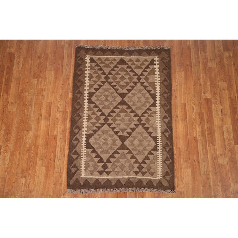 Brown Reversible Kilim Area Rug Hand-woven Wool Carpet - 3'2" x 4'9"