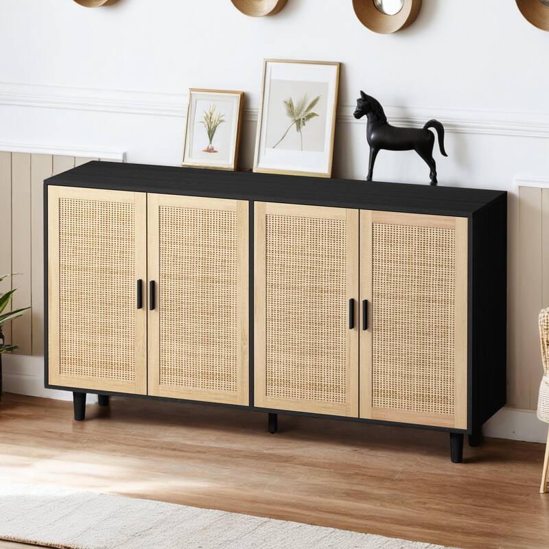 Kitchen Buffet Cabinet with Rattan Decorated Doors, Coffee Bar Cabinet Rattan Sideboard Console Table (Black with 4 Doors)