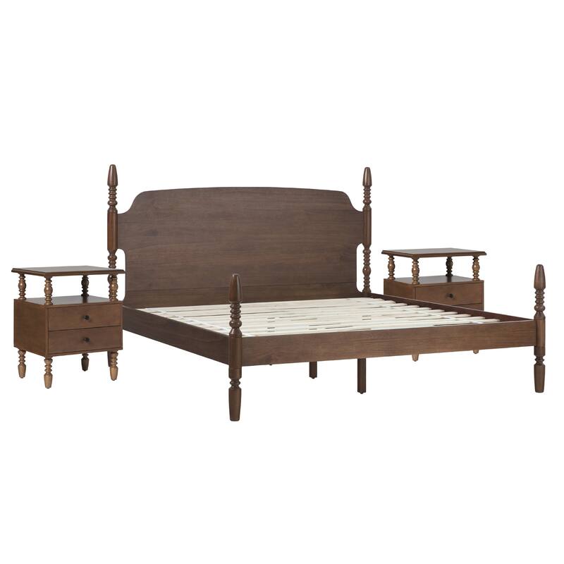 Walker Edison Spindle King Bed with 2-Drawer Nightstands Bedroom Set