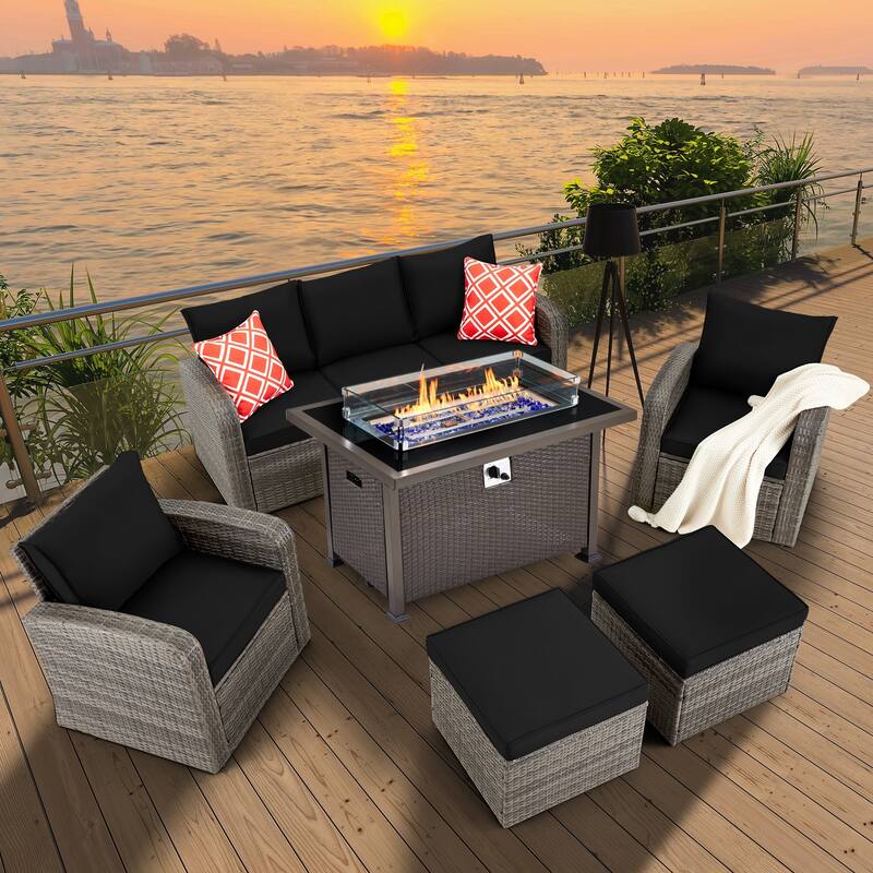 6-Piece Rattan Patio Set with Fire Pit Table, Outdoor Conversation Set with Cushions, Weather-Resistant Sofa Sectional