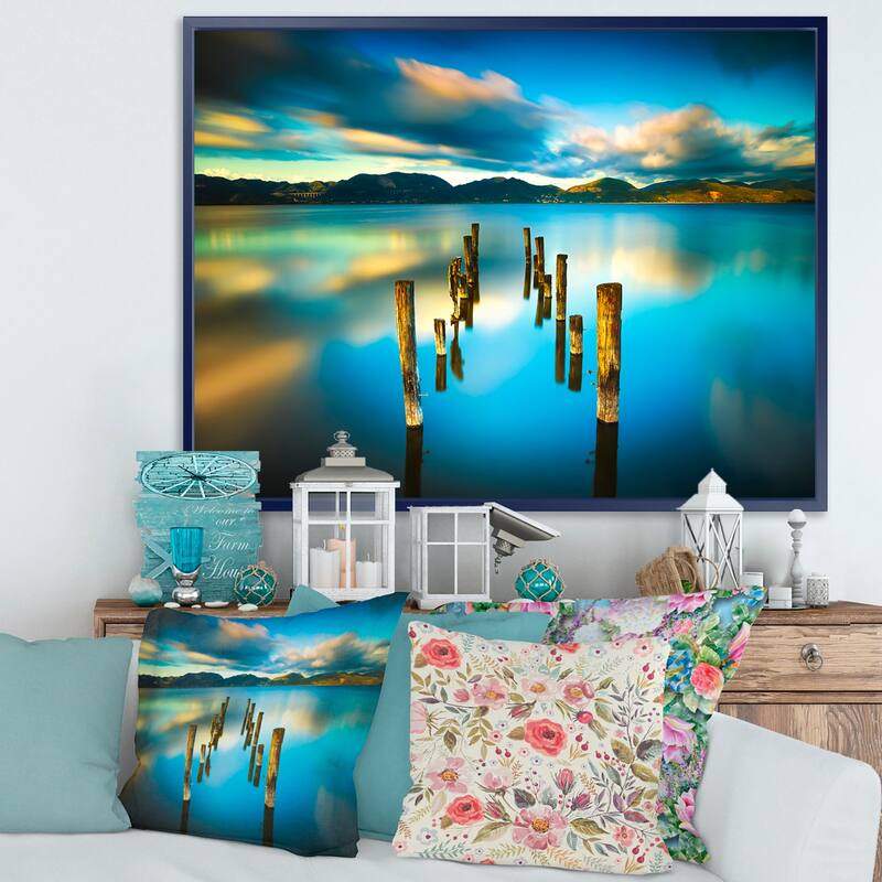 Designart "Cloudy Lake with Broken Pier" Seascape Framed Canvas Art Print