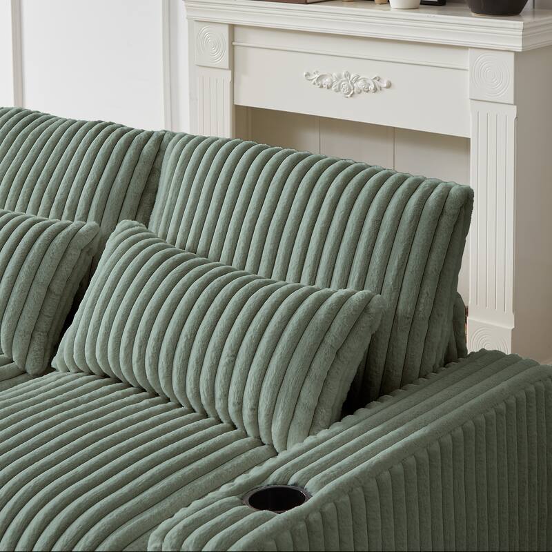 Modern 126-inch Corduroy Sofa with 4 Cushions, Movable Footrest, USB Ports, and Cup Holders