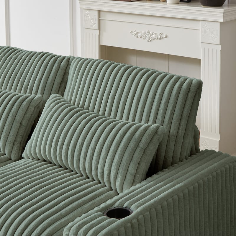 Super Large 126-Inch Corduroy L-Shaped Sofa with Cup Holders, USB Port, Movable Footrest, and 8 Cushions.