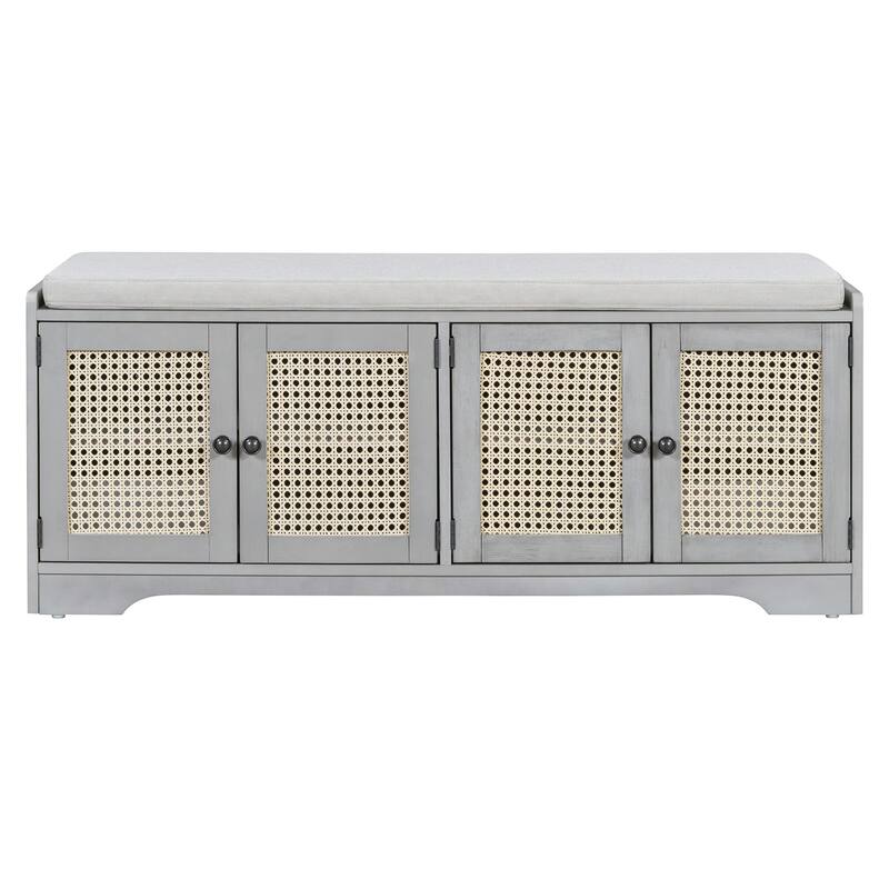 Rustic Storage Bench with Removable Cushion, Woven Rattan Doors & Adjustable Shelves