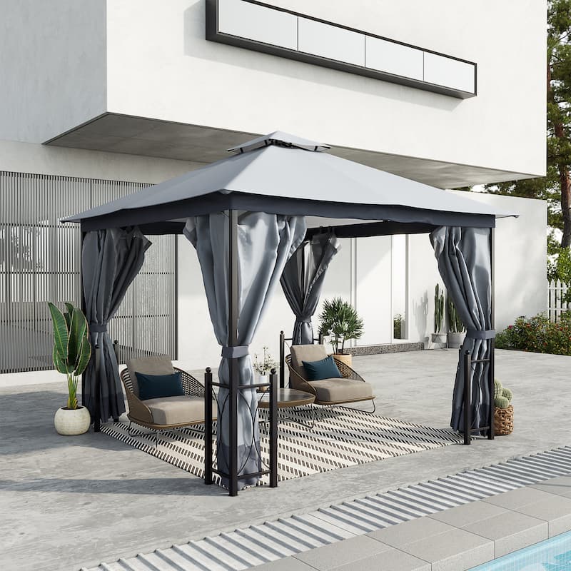 Outsunny 13' x 11' Patio Gazebo Canopy Garden Tent Sun Shade, Outdoor Shelter with 2 Tier Roof, Netting and Curtains - Grey