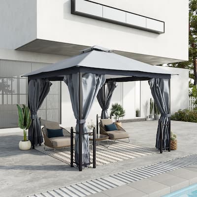 Outsunny 13' x 11' Patio Gazebo Canopy Garden Tent Sun Shade, Outdoor Shelter with 2 Tier Roof, Netting and Curtains