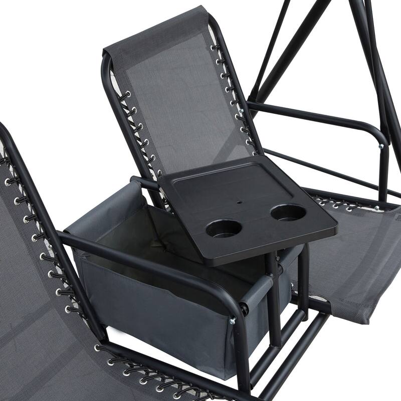 Patio Swing Hanging Chairs with Adjustable Sunshade, Storage Bag, Tabletop Cup Holder, 2-Seat Swing Lounge Rocking Chair