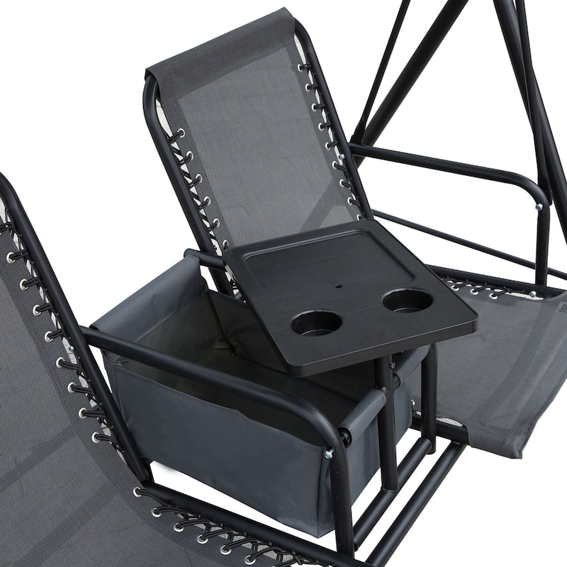 Steel 2-Seat Patio Swing with Canopy, Cup Holders and Storage Table (528lb Capacity)