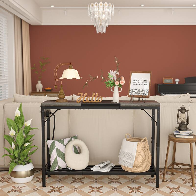 Console Table with Charge Station, Sofa Table with Storage Shelves for Living Room