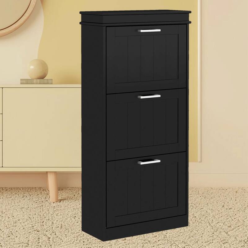 Narrow Shoe Storage Rack Cabinet with 3 Flip Drawers and Adjustable Shelves for Hallway, Entryway and Compact Space Organizer - Black
