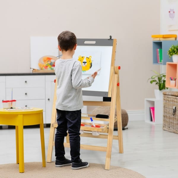 slide 2 of 8, Kids Art Easel with Paper Roll Double Sided Chalkboard and Whiteboard - 20" x 21" x 31- 41" (L x W x H) Grey