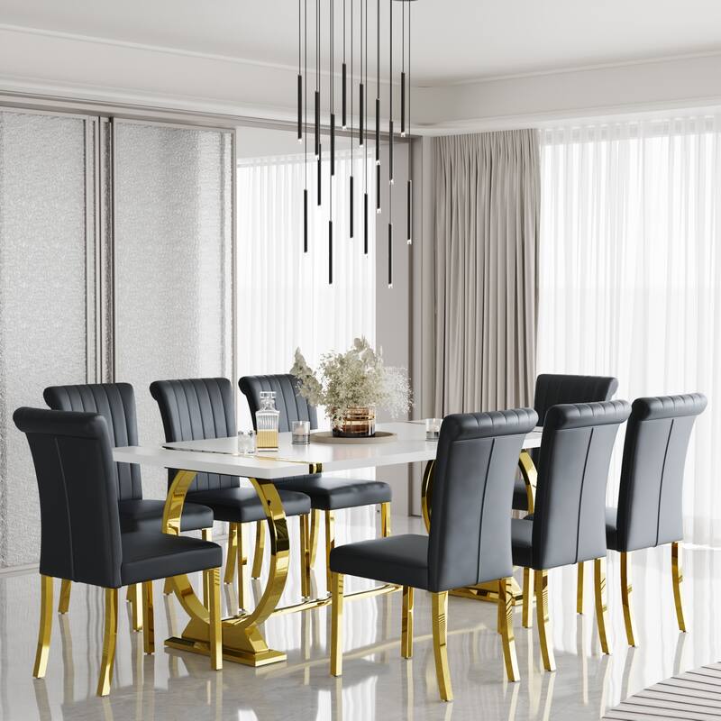 Modern White Dining Table with Polished Stainless Steel Circle Base