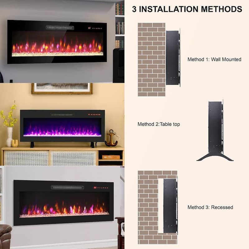 Wall Mounted Electric Fireplace 42 Inch 16 Flame Colors 1400W Remote Control