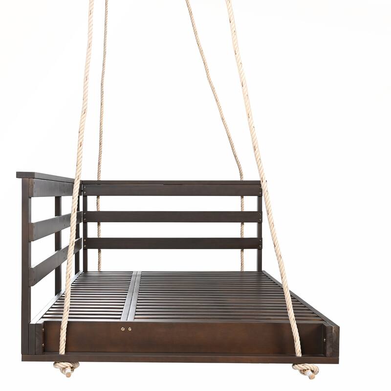 Country Patio Wooden Twin Size Swing Daybed with 4pcs 96-inch Hemp Ropes for Backyard and Garden