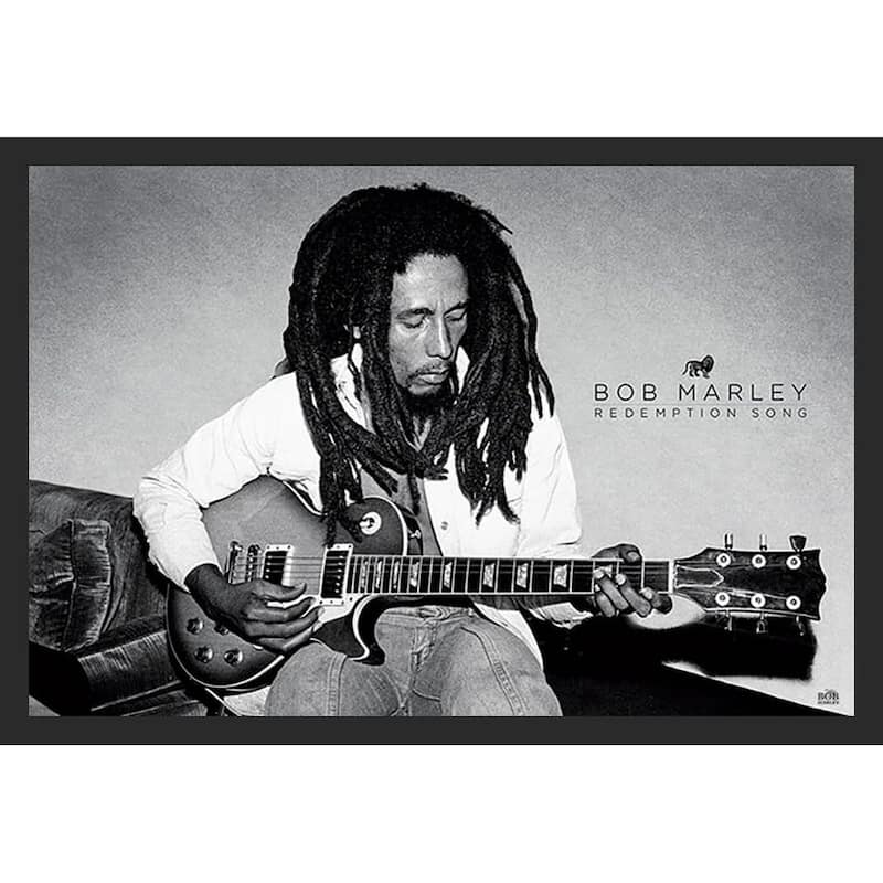 Bob Marley Redemption Song Black and White Playing Guitar Framed Poster - 24 x 36 Inch