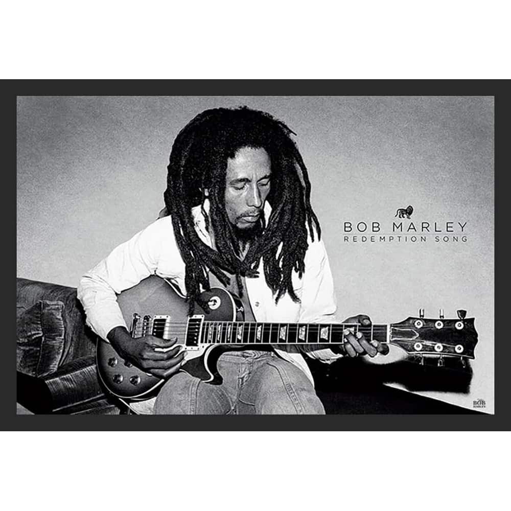 Bob Marley Redemption Song Black and White Playing Guitar Framed Poster - 24 x 36 Inch