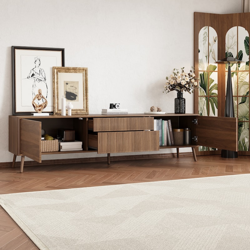 70" Fluted Modern TV Stand for 80" TVs, Entertainment Center with Soft-Close Drawers, Solid Wood Legs