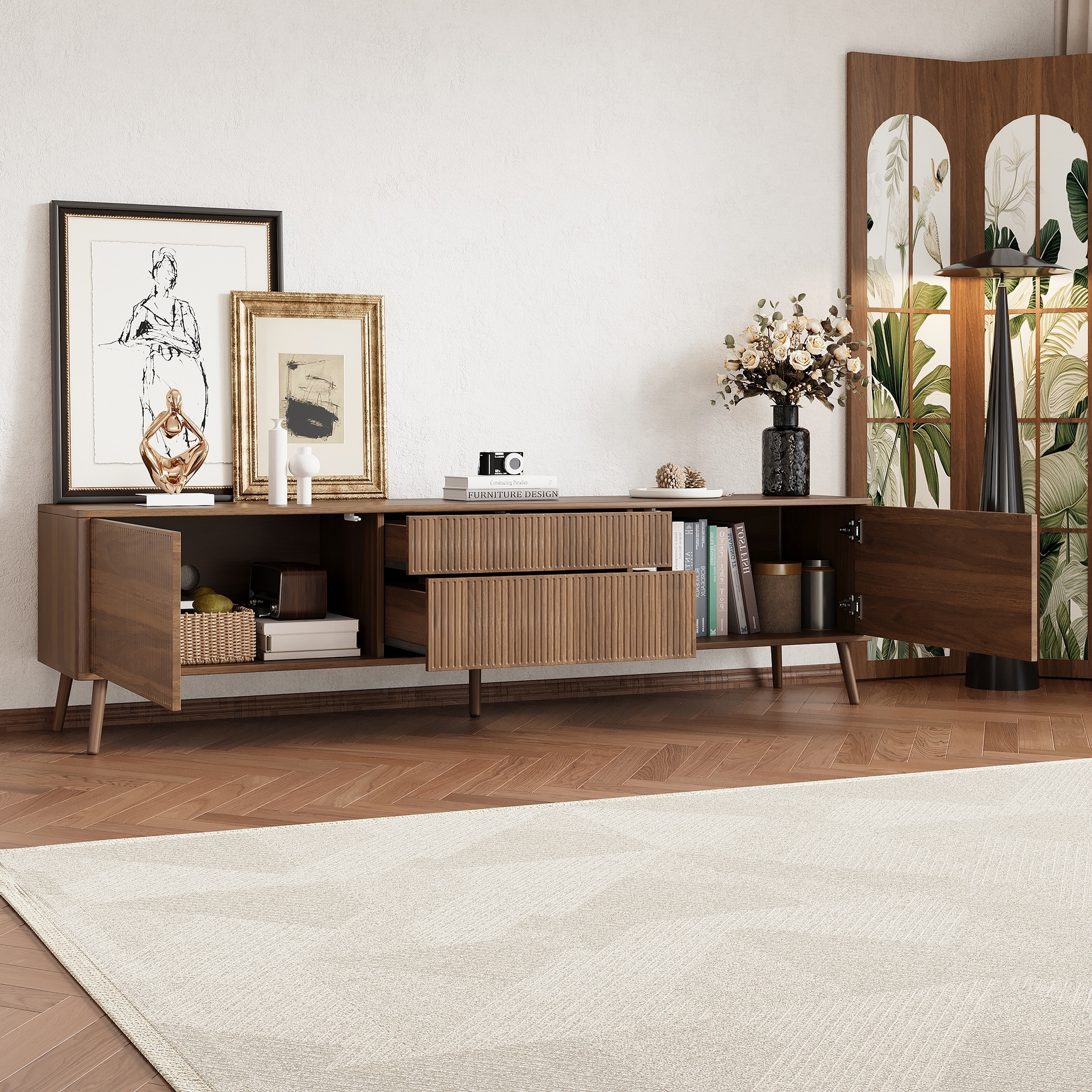 Fluted TV Stand with Storage Drawers and Cabinets for TVs up to 80", Walnut