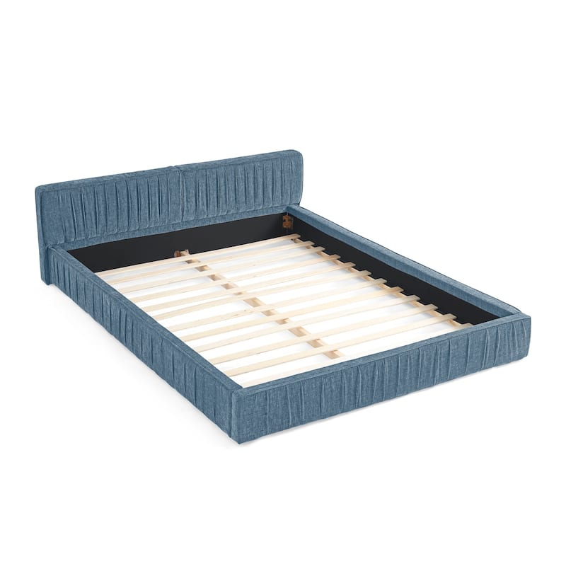 Queen Size Upholstered Bed Frame - Chenille Fabric, Pleated Design, Headboard, No Box Spring Needed