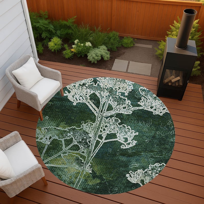 Machine Washable Indoor/ Outdoor Modern Floral Chantille Rug - Teal - 8' x 8'