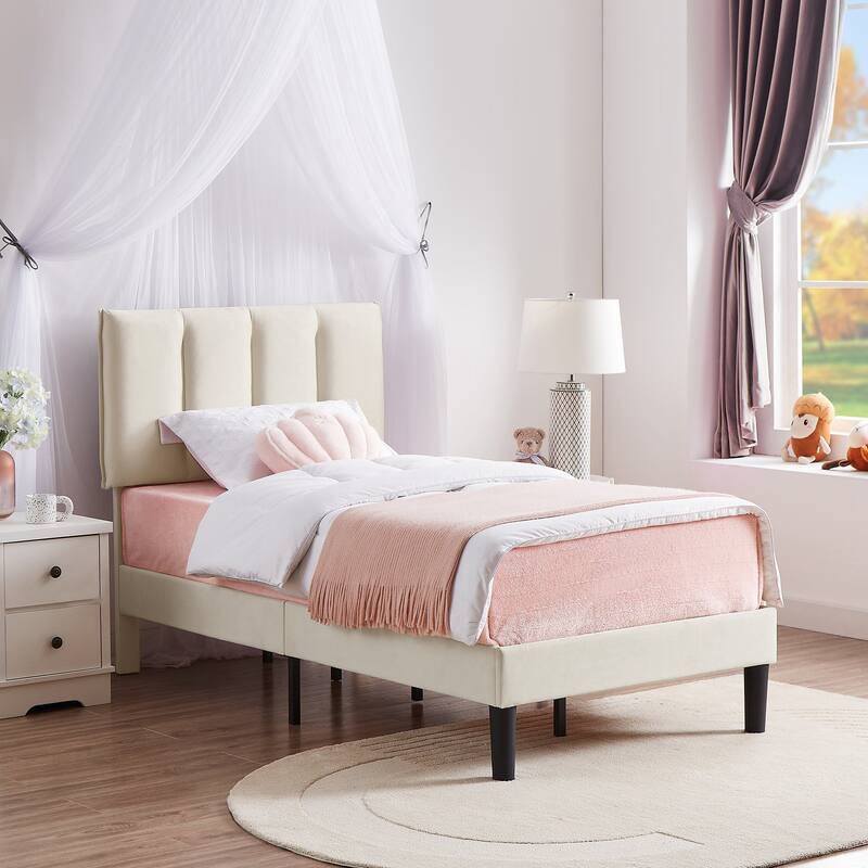 VECELO Beige Tufted Upholstered Platform Bed Frame with Adjustable Height Headboard-Twin/Full/Queen Size Beds