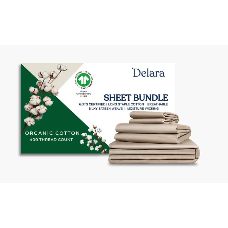 Delara GOTS Certified 100% Organic Cotton Bedding Bundle, Long Staple Cotton, Ultra Soft, Moisture-Wicking, Smooth & Breathable - Natural - King